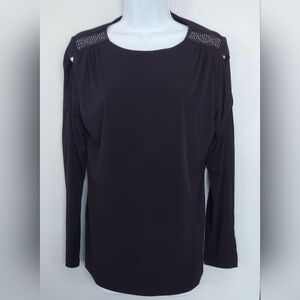 Susan Graver Occasions Liquid Knit Black Top Cut Out Slerves  Rhinestones Sz S